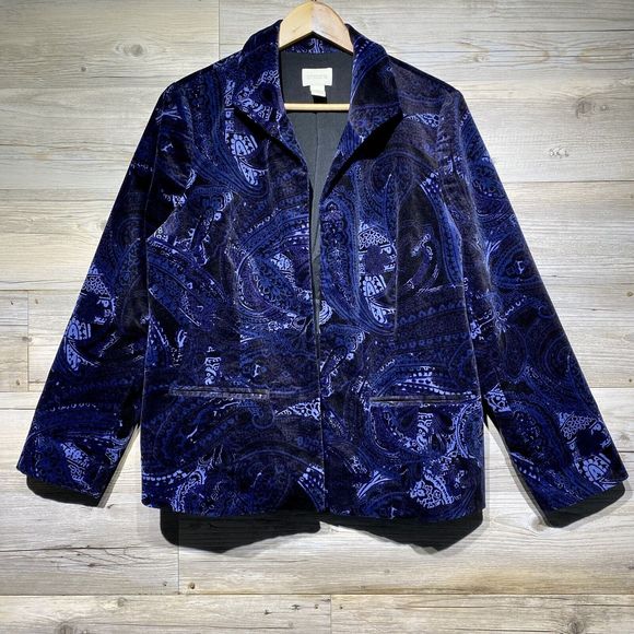 Chicos Velvet Jacket Women’s L (2) Paisley Floral Open Front Blazer Blue Purple - Picture 1 of 11